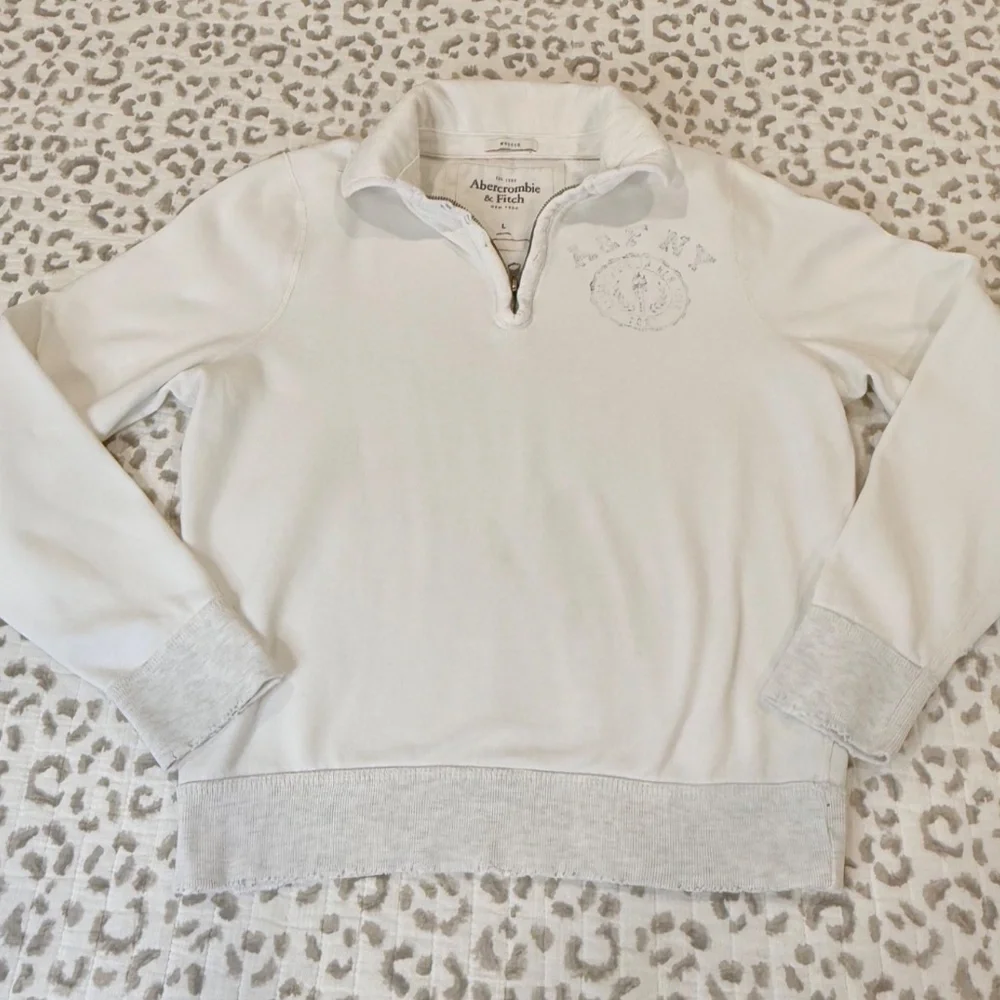 Abercrombie & Fitch Distressed 1/4 Zip Muscle Sweatshirt; White/Grey; Women's L - Picture 8 of 14